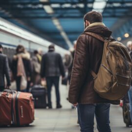 Uomo con zaino e valigia in partenza