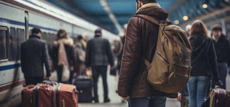 Uomo con zaino e valigia in partenza