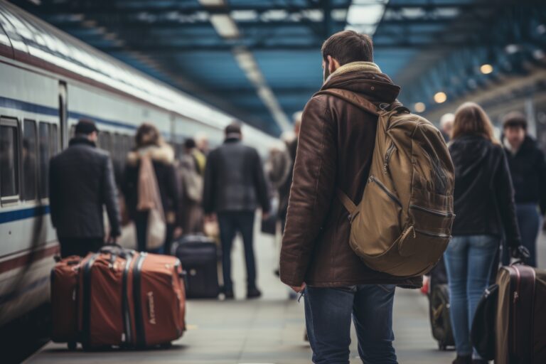 Uomo con zaino e valigia in partenza