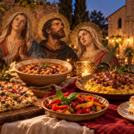 Santi e pietanze con una chiesa aperta