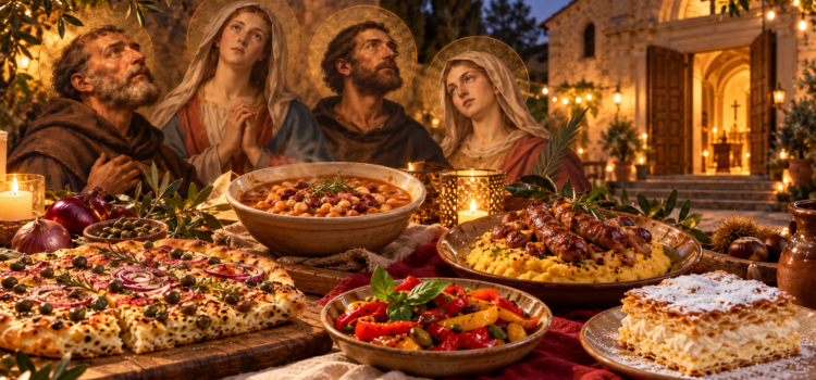 Santi e pietanze con una chiesa aperta