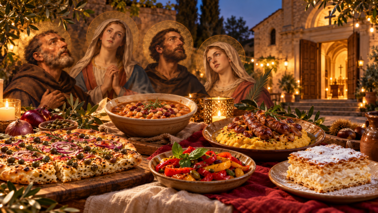 Santi e pietanze con una chiesa aperta